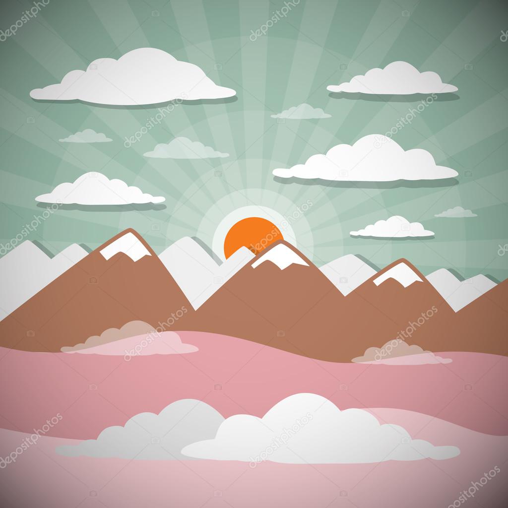 Retro Flat Design Nature Landscape Illustration with Sun, Hills and Clouds