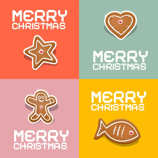 เวกเตอร์ย้อนหลัง หัวใจคริสต์มาส, ปลา, ดาวและมนุษย์ขนมปังขิง — ภาพเวกเตอร์สต็อก