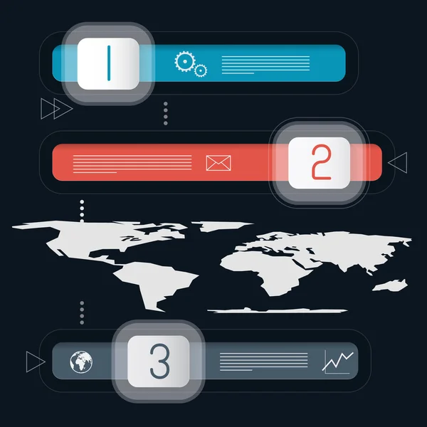 Drie stappen Infographics sjabloon met kaart van de wereld — Stockvector