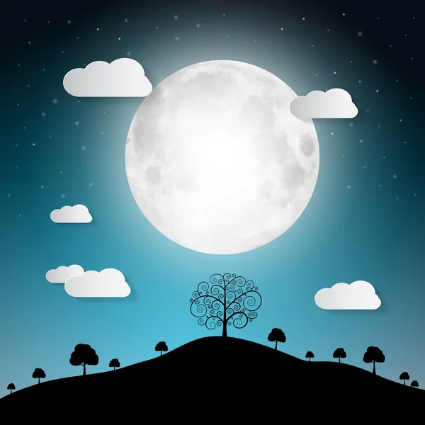 Ilustración vectorial de luna llena con nubes y árboles en la colina — Vector de stock