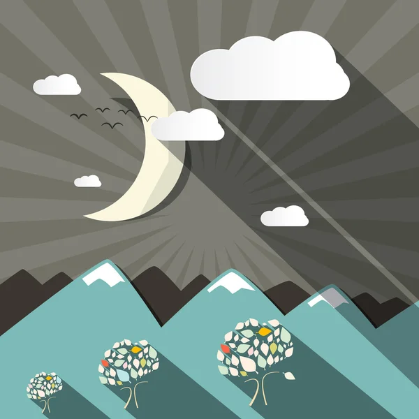 フラット デザイン ベクトル山と月の風景イラスト — ストックベクタ