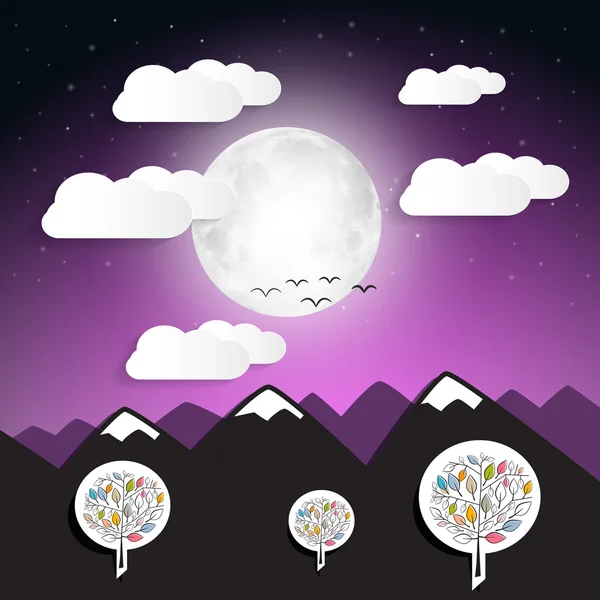 Astratto paesaggio vettoriale Illustrazione con montagne e luna piena — Vettoriale Stock