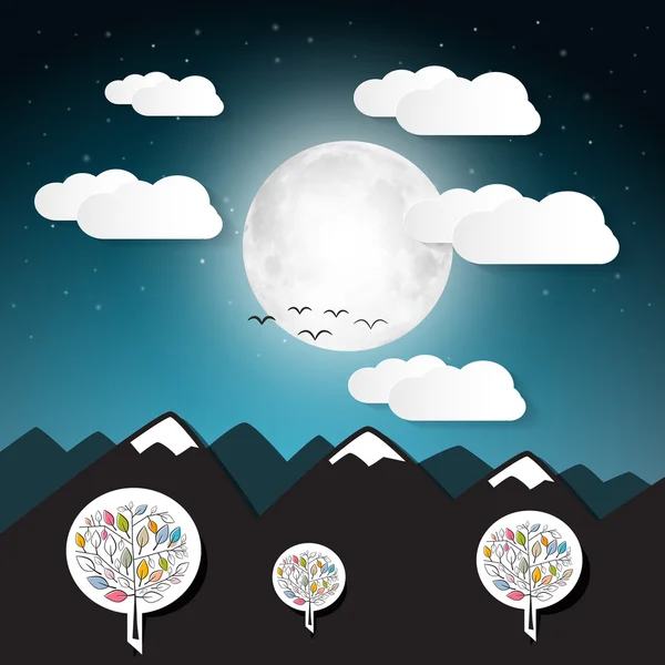 Vectorillustratie landschap met volle maan en bergen — Stockvector