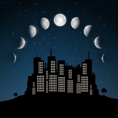 Gece şehir vektör yukarıda ay evreleri