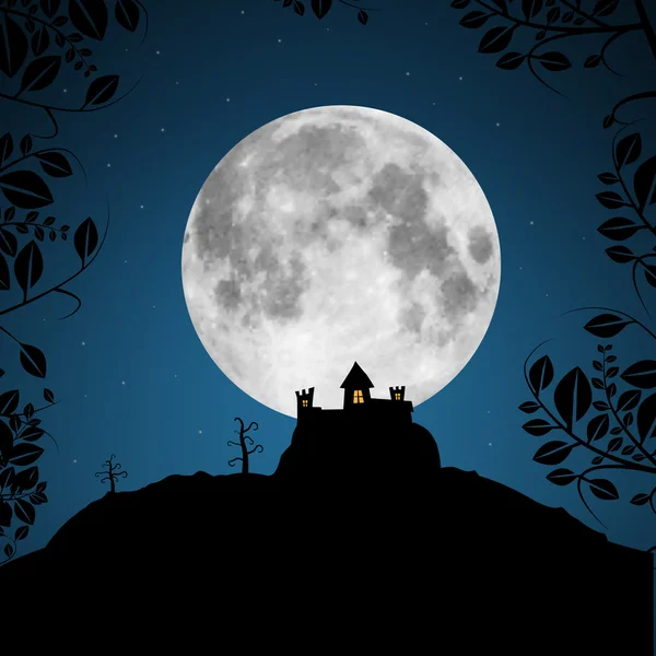 Ilustración vectorial de luna llena con castillo y árboles — Archivo Imágenes Vectoriales