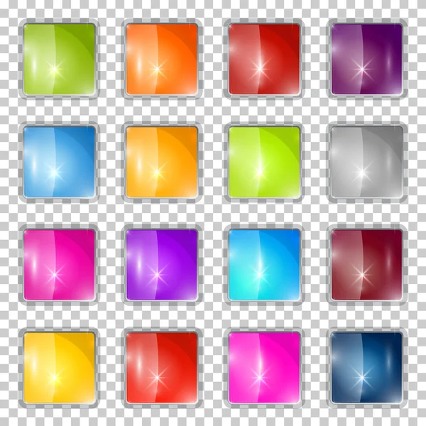Botones de cristal cuadrados vectoriales coloridos fijados en fondo transparente — Archivo Imágenes Vectoriales