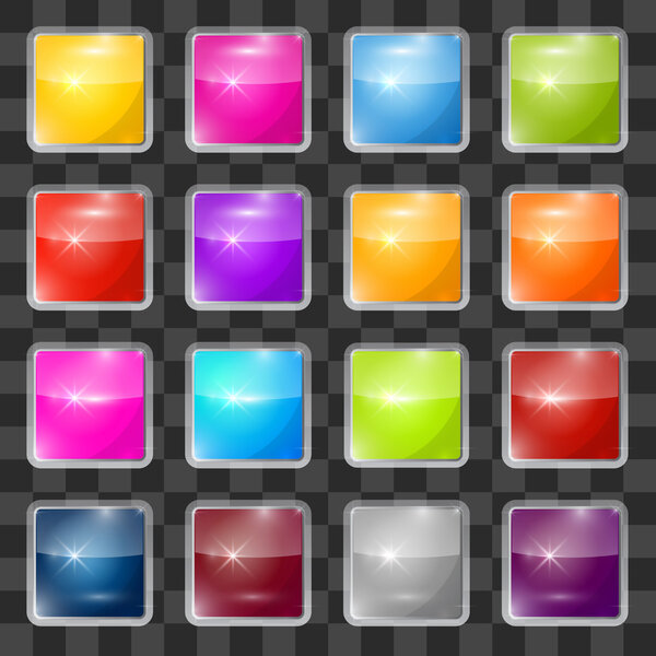 Colorful Vector Square Glass Buttons Set on Transparent Background