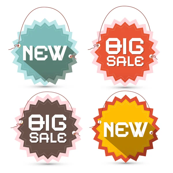 Big Sale and New Title on Toothed Labels with Strings — Stock Vector