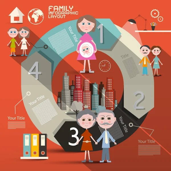 Circle Paper Retro UI Layout infografico di design piatto con membri della famiglia — Vettoriale Stock