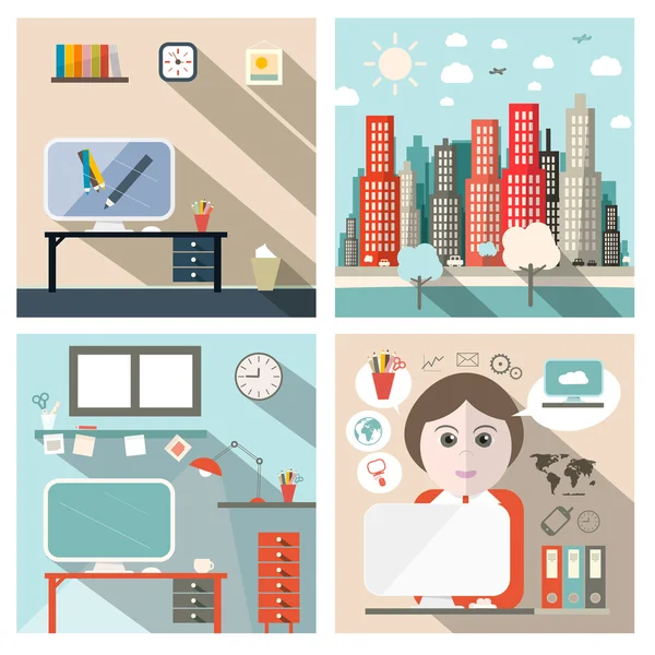 Negocios y Escuela Exterior e Interior Vector Diseño Plano Ilustración con Secretario e Iconos — Vector de stock