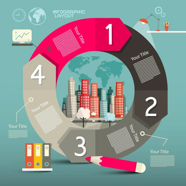 Plantilla vectorial de infografías - Diseño con ciudad — Archivo Imágenes Vectoriales