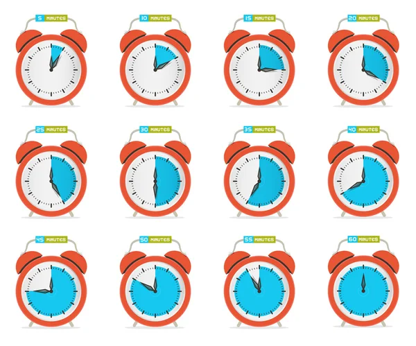 Reloj despertador - Conjunto de vectores de cuenta regresiva de tiempo aislado en blanco — Vector de stock