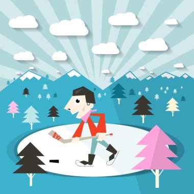 Hokey oyuncusu buz ve doğa ağaçlar ve dağlar kış vektör çizim