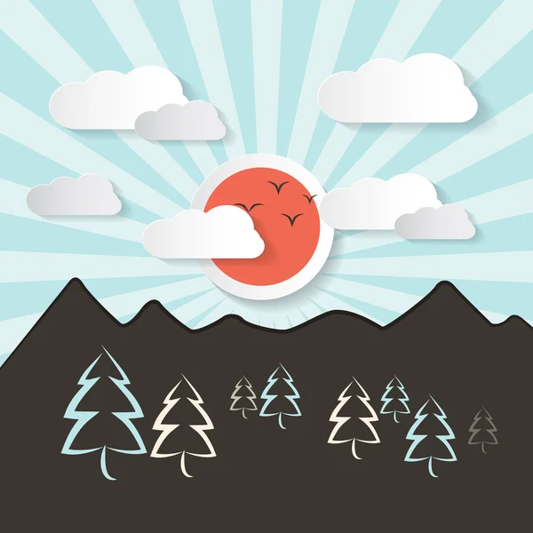 Retro Abstract Mountain Landscape Vector Illustration with Paper Sun — Stock Vector