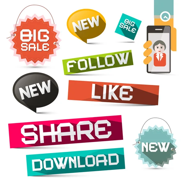 Social Media Vector Paper Symbols Set with Share - Download - Like and Follow Titles — Stock Vector