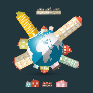 Düz tasarım UI evlerinin dünya - dünya vektör çizim üzerinde