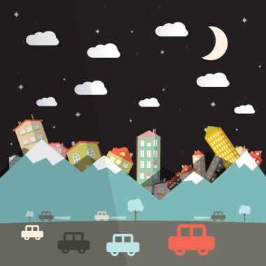 Yol ve arabalar, evler arka plan üzerinde dağlarla ile gece manzarası