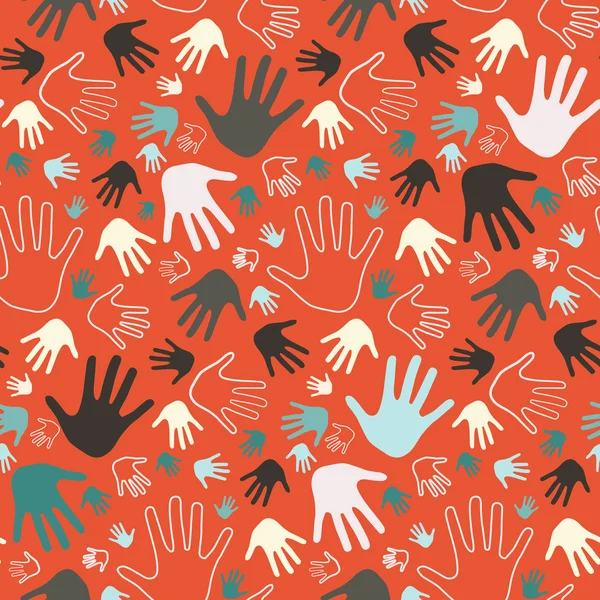 Illustrazione senza cuciture delle mani del palmo vettoriale su sfondo rosso — Vettoriale Stock