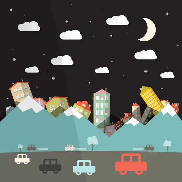 Paisaje nocturno con carretera y coches, Montañas con casas en el fondo — Vector de stock