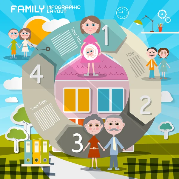 Circle Paper Retro UI Design piatto Infografica Template - Layout con i membri della famiglia e Summer House — Vettoriale Stock