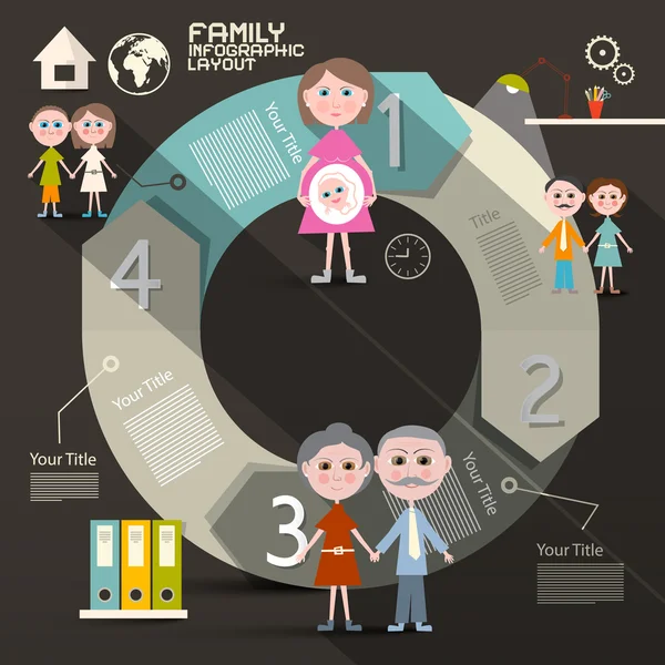 Plantilla de infografías de diseño plano de interfaz de usuario retro de papel circular - Diseño con los miembros de la familia — Vector de stock