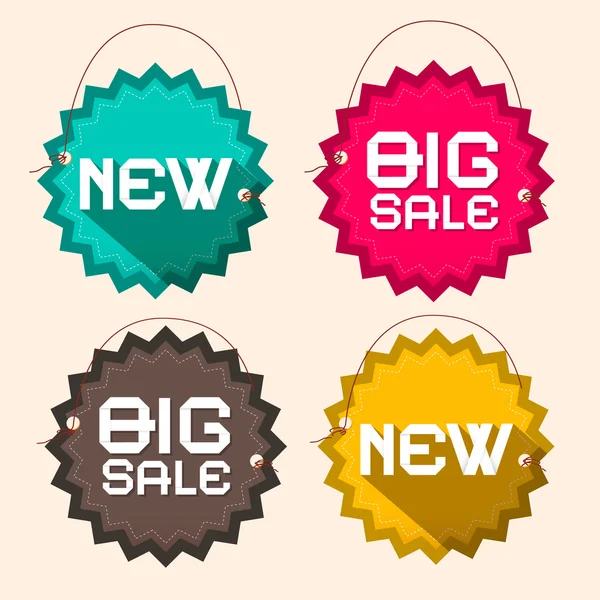 Retro Big Sale and New Title on Circle Paper  Labels with Strings — Stock Vector