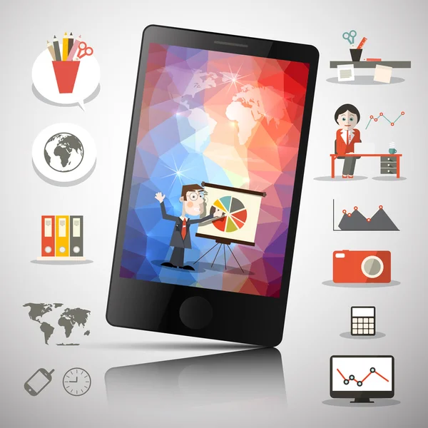 Handy-Vektor-Illustration mit bunten Quadraten auf dem Bildschirm und Technologie-Symbolen mit Menschen und Weltkarte — Stockvektor