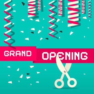 Retro Grand Opening Vector Illustration with Confetti and Scissors