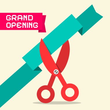 Grand Opening Retro Flat Design Vector Illustration with Scissors and Paper Ribbon clipart