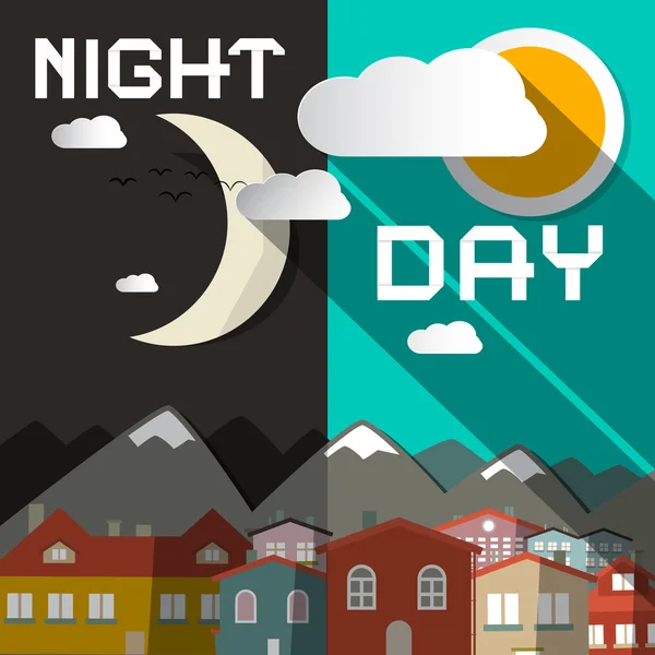 Tag-Nacht-Vektorillustration mit Bergstadt und Sonne mit Mond — Stockvektor