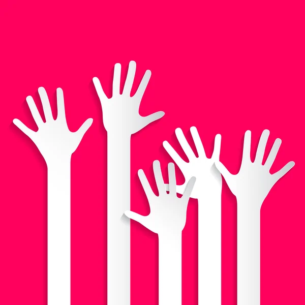 Wählende Hände - papiergeschnittene Handflächen und Arme setzen Vektorillustration auf rosa Hintergrund — Stockvektor