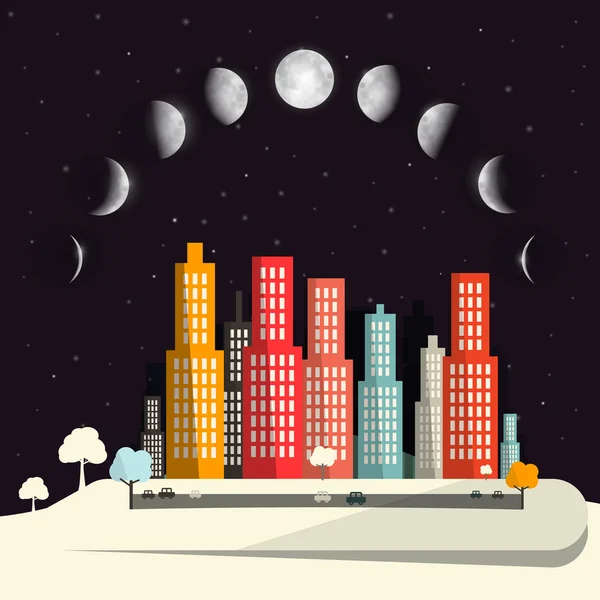 Fases lunares por encima de la ciudad nocturna Diseño plano Vector abstracto Ilustración — Vector de stock