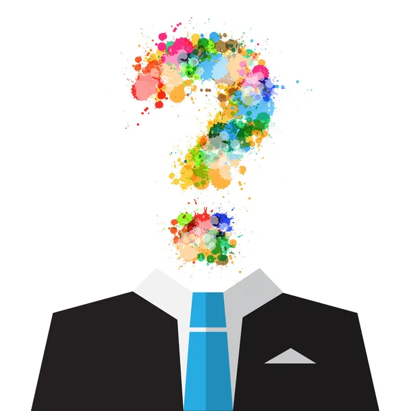 Vector Man in Suit with Colorful Splashes Question Mark Symbol Instead of Head Isolated on White Background — Stock Vector