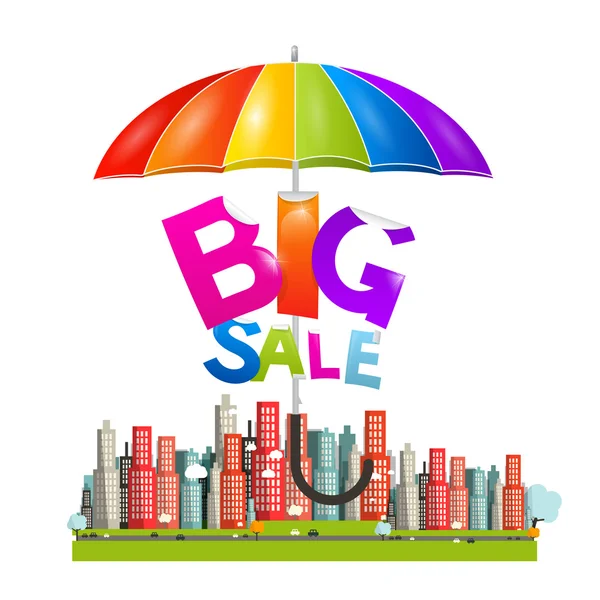 Grande titolo di vendita con ombrellone colorato - Ombrello sopra la città - Flat Design Vector Illustration — Vettoriale Stock