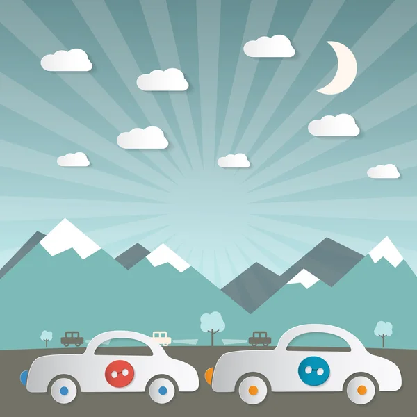 Cars on Road with Mountains on Background Vector — Stock Vector