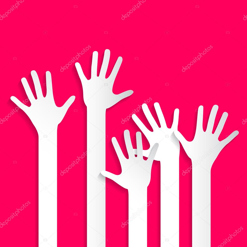 Voting Hands - Paper Cut Palm Hands and Arms Set Vector Illustration on Pink Background