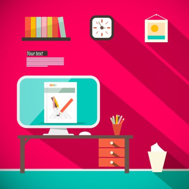 Office bilgisayar ve Masa Retro düz tasarım vektör çizim ile oda - eğitim