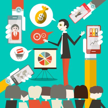 İşadamı konferans veya vektör çizim elinde cep telefonları ile Toplantı