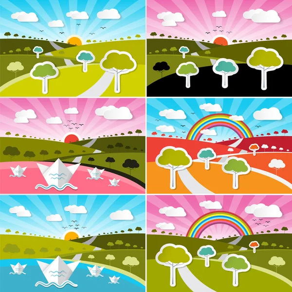 Набор ландшафтных полей - векторная иллюстрация плоского дизайна с бумажными деревьями и небом с радугой. Весна, лето и осень . — стоковый вектор