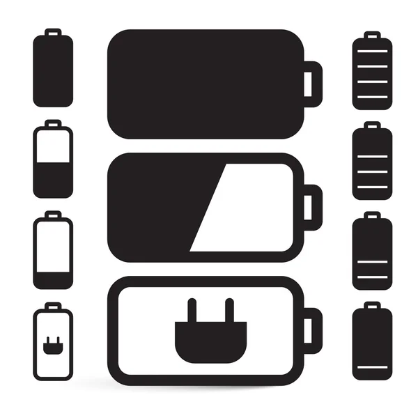 Conjunto de iconos de vectores de duración de batería negra de diseño plano aislado sobre fondo blanco — Archivo Imágenes Vectoriales