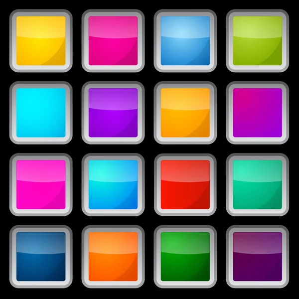 Colorful Vector Square Glass Buttons Set on Black Background — Stock Vector