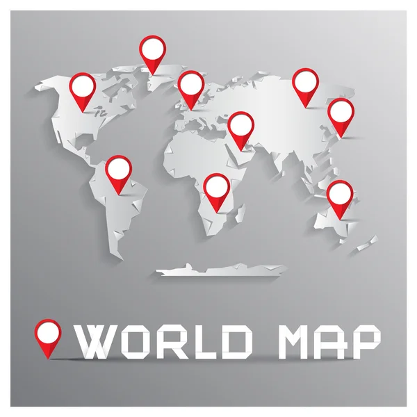 Vector papper skära Världskarta med böjda hörn på grå bakgrund med röda etiketter — Stock vektor