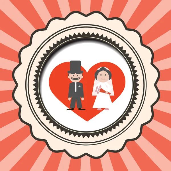 Red Retro Flat Design Wedding Card Vector Ilustração com noivo e noiva no coração — Vetor de Stock