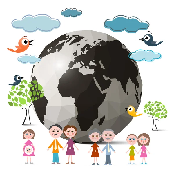 Family Members with Globe - Earth and Trees, Clouds and Birds Vector Illustration — Stock Vector