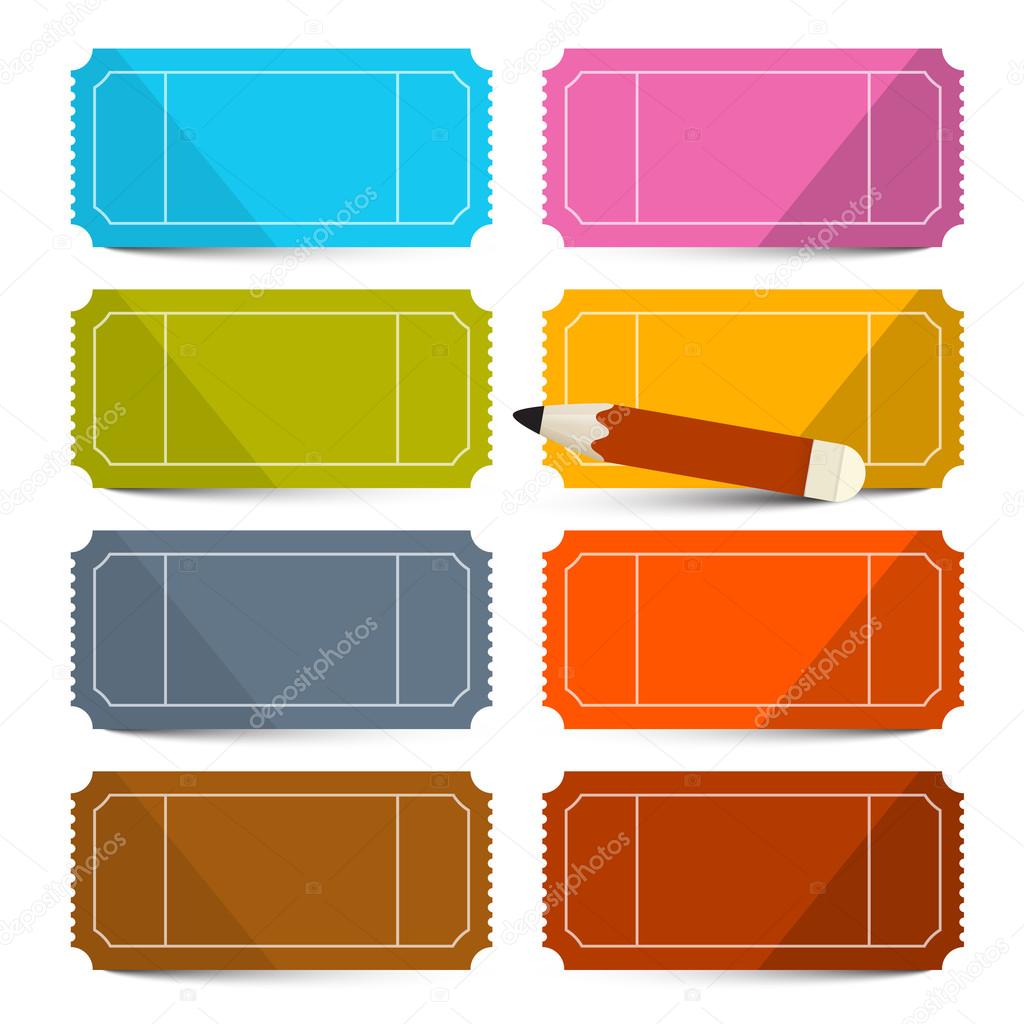 Colorful Vector Empty Tickets Set with Pencil Illustration Isolated on White Background