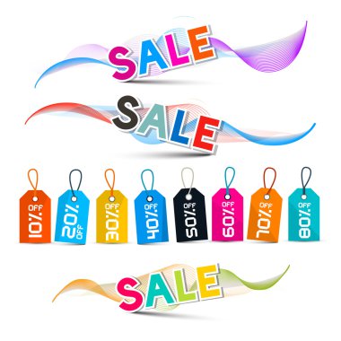 Vektör dalgaları ile parlak renkleri ile satış başlığında beyaz arka plan üzerinde izole dizeleri içeren etiketleri indirim