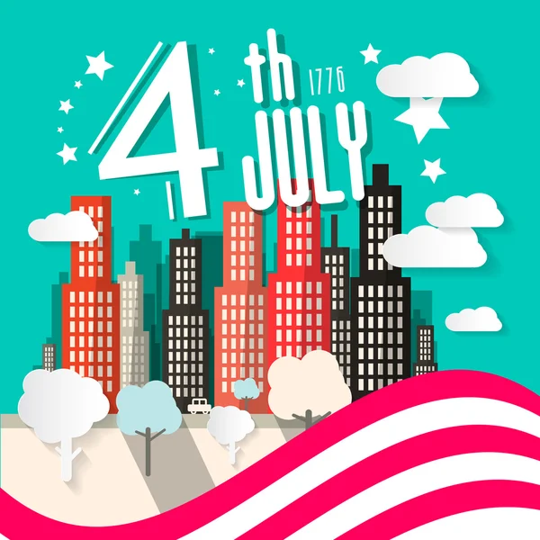 4 июля Ретро-векторная иллюстрация с американским флагом и городом на заднем плане — стоковый вектор