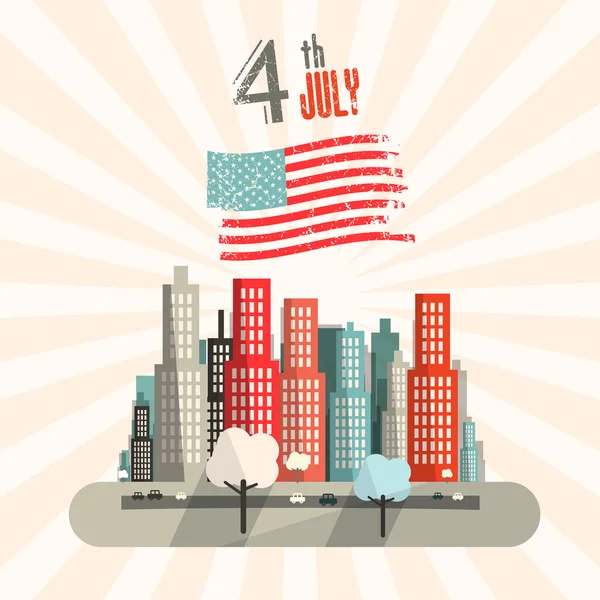 4 th July Retro Vector Illustration with American Flag and City on Background — Stock Vector