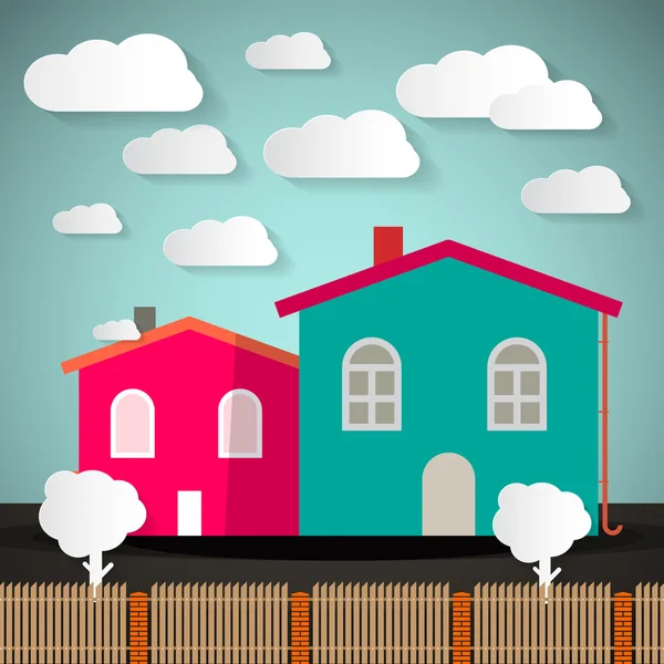 Houses with Trees, Clouds and Fence Vector Illustration — Stock Vector