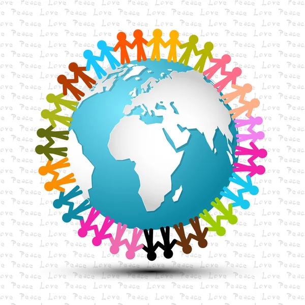 Sevgi ve barış - elele küre vektör çizim etrafında insanlar